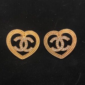 CHANEL Gold Heart Earrings with Crystal Accents